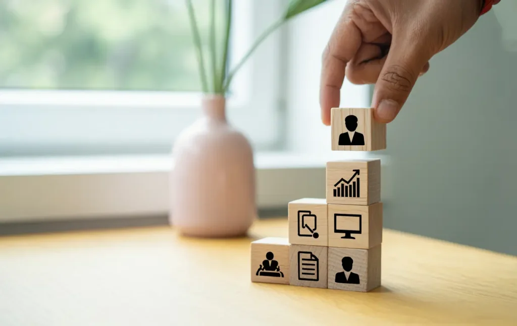 Main empilant des cubes en bois avec des pictogrammes représentant les compétences professionnelles