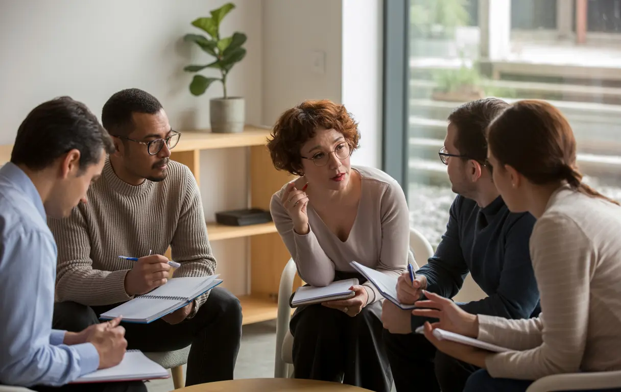 Groupe de personnes en discussion lors d’un atelier ou d’une formation en salle