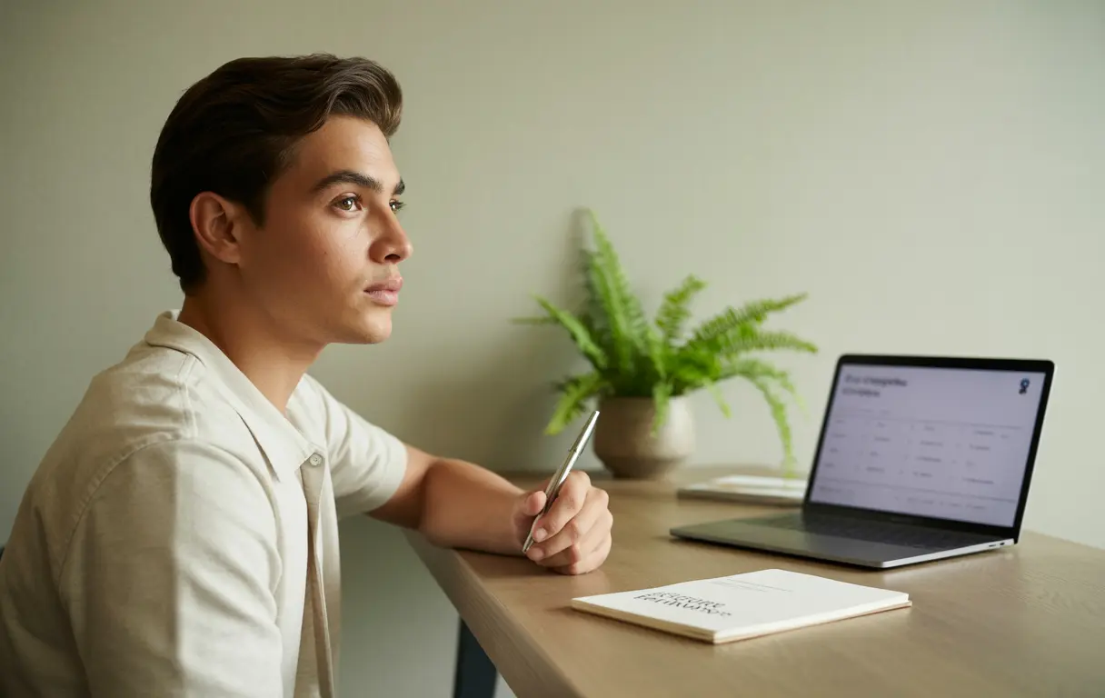 Jeune homme attentif assis devant un ordinateur portable avec un carnet et un stylo