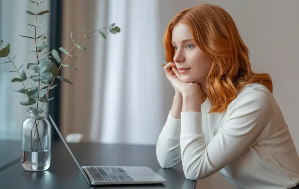 Femme rousse attentive regardant un ordinateur portable posé sur une table